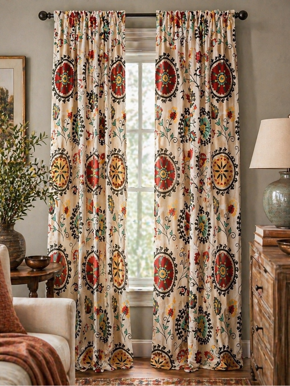 WORLD MARKET Suzani 2-pcs Floral Medallion Lined Curtain Cotton Panels#12302510